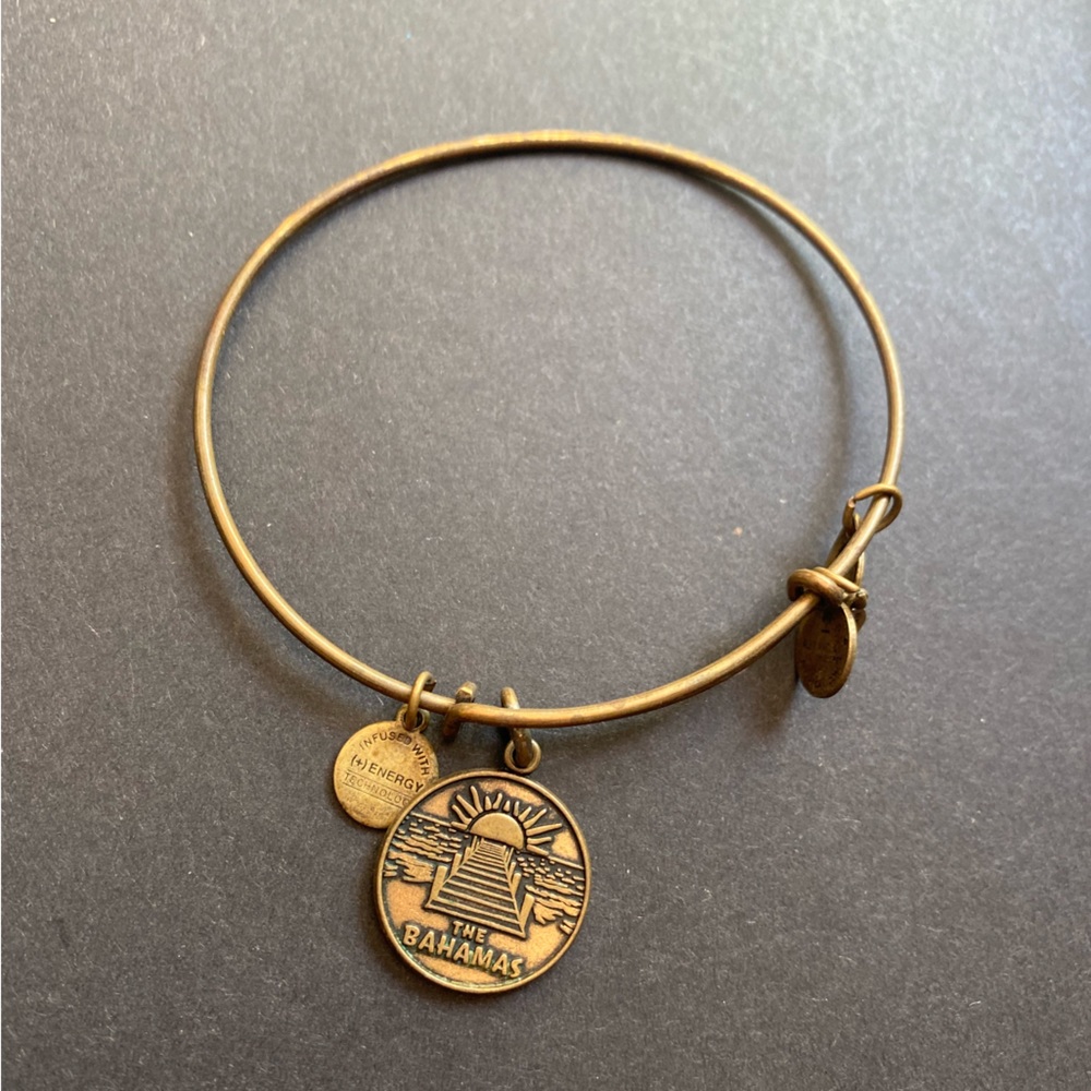 Alex and Ani adjustable bracelet with The Bahamas charm in gold tones.